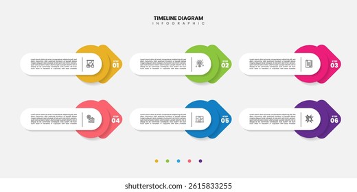 6 Steps Infographics Design Template. Graph, Pie chart, workflow layout, rectangular box diagram, timeline, report, presentation design template Editable