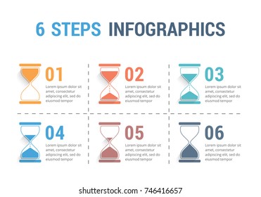 6 Pasos infográficos con reloj de arena, vectorial eps10 ilustración