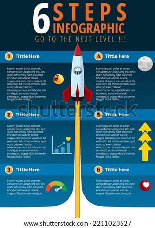 6 Steps Infographics Rocket Launcher Next Level Suitable For Presentation Poster, Information Poster, Content Digital Design, Booster Marketing Poster, Business Success Poster, Motivation Template