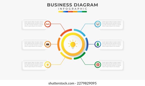 6 Pasos Diagrama de Mapa de Mente Moderno con varios temas y símbolo de icono, infografía del vector de presentación. Plantilla de infografía para empresas.