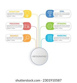  6 pasos Diagrama de Mindmap moderno, plantilla de Infografía para empresas. vector infográfico de presentación.
