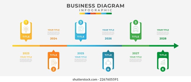 6 Steps Modern timeline diagram calendar with annual topic and icon symbols, presentation vector infographics. Infographic template for business.