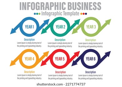 6 Steps Modern Timeline diagram with planning year workflow and circles presentation vector infographic. Infographic template for business. 
