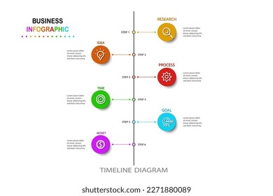 6 Steps Modern Timeline diagram calendar with vertical topics and circles, presentation vector infographic. Infographic template for business.