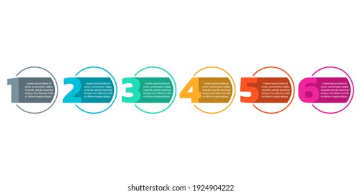 6 pasos o opciones info gráfico con números y círculos. Diseño moderno de procesos de negocios. infografía de línea de tiempo, presentación, plantilla de diseño de flujo de trabajo. Ilustración vectorial.