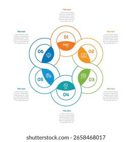 Elemento Infográfico do Círculo da Estrutura de Tópicos 6 Passos. Design moderno e limpo para apresentações, relatórios e Web