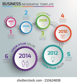 6 Steps process business info graphics, light vector background, circles, gears 