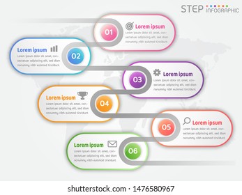 6 steps process color elements infographic vector illustration. Option work flow with icon template design.