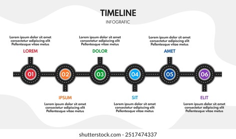 6 steps process progress or timeline, road infografic vector template