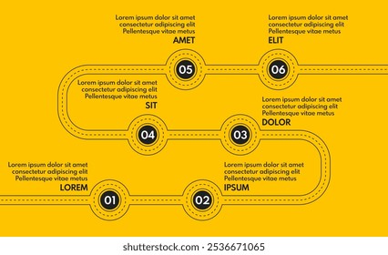 6 steps process progress or timeline, road infografic vector template