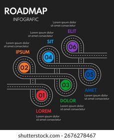 6 steps process progress or timeline, road infografic vector template