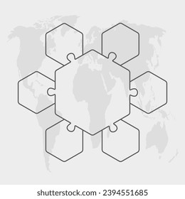 6 steps puzzle diagram infographic. Business, idea, flow concept. Template silhouette for hexagon six options, parts, processes. Jigsaw timeline info graphic. Can be used for process, presentation