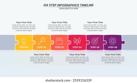 6 Steps Puzzle Infographics on a 16:9 Layout for Business Presentation, Poster, Banner and Booklet.