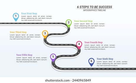 6 pasos Infografía de hoja de ruta con punteros y texto editable en una proporción de 16:9 para objetivos de negocio, objetivos y diseño de sitio web.