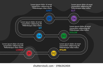 6 Steps Road Map Or Timeline Progress Infographic, Vector Template, Dark Background