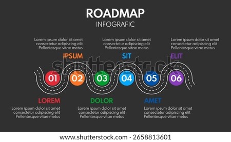 6 steps road map or timeline progress infographic, vector template, dark background