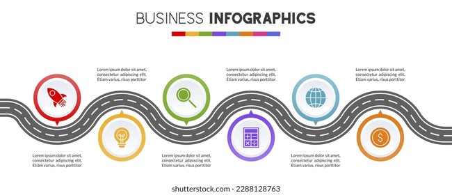 6 pasos Roadmap de plantillas de diseño de infografías e iconos. utilizar como diagrama de procesos de flujo de trabajo, presentación de datos empresariales, diseño de línea de tiempo, hito, pancarta, folleto, diagrama de flujo
