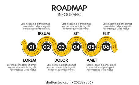 Hoja de ruta de 6 pasos, progreso del proceso o cronograma, Plantilla de Vector de infografía vial, Plan personal de la semana, estrategia comercial exitosa