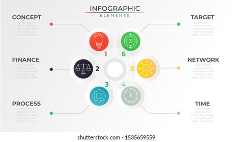 6 steps rounded infographic with colorful circle elements and icons. Timeline process template. Modern vector art for company or corporate business project and presentation. Trendy Eps10 design