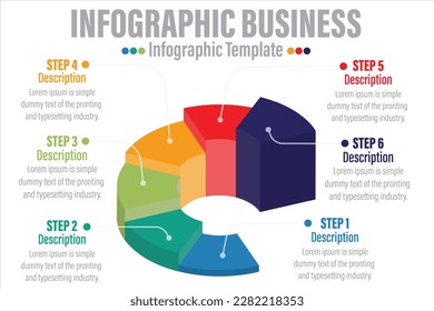 6 pasos y 6 opción 6 Infografía empresarial moderna para procesos de empresa con gráficos circulares 3d coloridos e iconos planos. Fácil de usar para su sitio web o presentación.