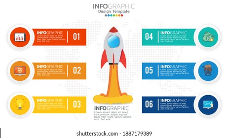 6 steps startup infographics with rocket launch. business and finance concept. 