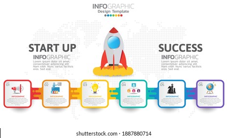 6 steps startup infographics with rocket launch. business and finance concept. 