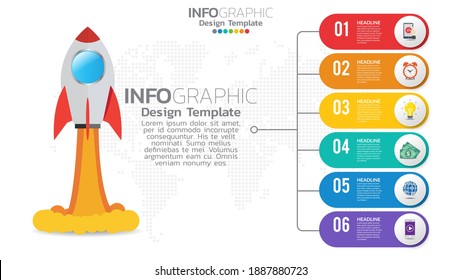 6 steps startup infographics with rocket launch. business and finance concept. 