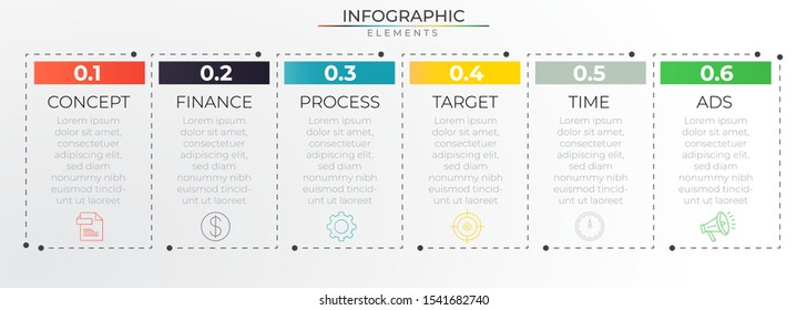 6 steps timeline infographic concept with thin line and icons. Chart process template. Modern vector art for company or corporate business project and presentation. Trendy Eps10 design