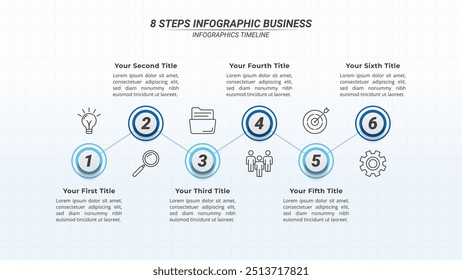 6 Schritte Zeitleiste Infografiken zu einem 16:9 Layout für Business-Präsentationen, Management und Bewertung.