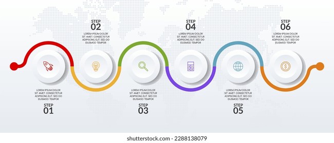 6 steps timeline layout Infographics design template and icons. use as workflow process diagram, business data  presentation, milestone, banner, brochure, flow chart