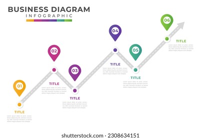 6 pasos cuesta arriba el diagrama de línea de tiempo del gráfico, presentación del vector infográfico. Plantilla de infografía para empresas.