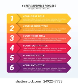 6 Stufen Vertikale Flussdiagramm Infografik Timeline auf einem 1:1-Layout für Geschäftspräsentationen, Verwaltung und Evaluierung.