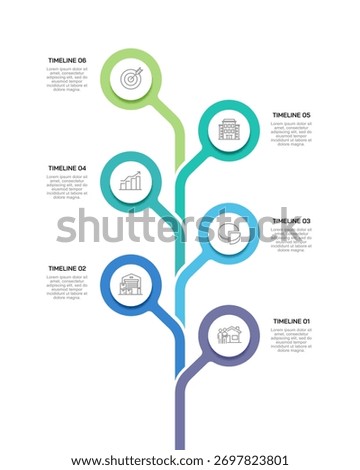 6 Steps vertical organizational chart design for project planning and tracking progress. Presentations, deadlines and milestones. Vector illustration.