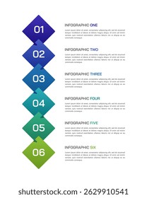 Infografía de la línea de tiempo de Vertical de 6 pasos para el éxito. Presentación, Anuncio, Plan y Estrategia. Ilustración vectorial.