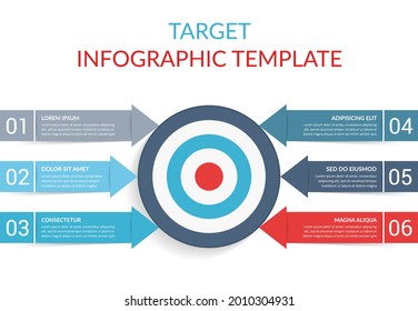 6 Steps to your goal concept, infographic template with target with 6 arrows with text and numbers, vector eps10 illustration