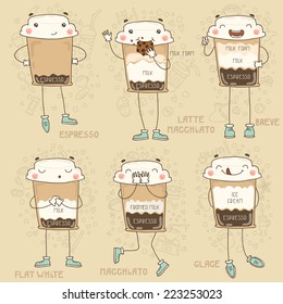 6 stickers coffee with different emotions. One of the four sets. Vector. Coffee to go