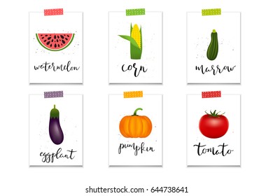 6 Stickers of Healthy vegetables and hand drawn lettering. Quality vector illustration about diet, eco food, benefits of vegan and nutrition concept.