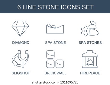 6 stone icons. Trendy stone icons white background. Included line icons such as Diamond, spa stone, spa stones, sligshot, brick wall, fireplace. icon for web and mobile.