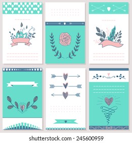 6 styled Valentine's Day Card.  Vector design editable. Valentine's day collection. Blue and pink colors. For greeting card, poster, menu, party invitation, social media, web banners.