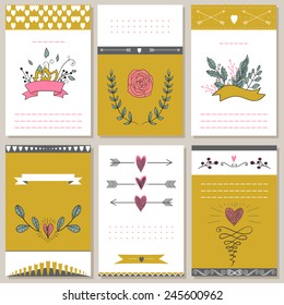 6 styled Valentine's Day Card.  Vector design editable. Valentine's day collection. Yellow and pink colors. For greeting card, poster, menu, party invitation, social media, web banners.