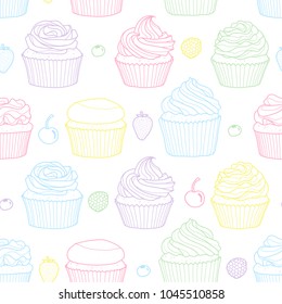 6 styles of cupcake and fruits random on white background. Cute hand drawn seamless pattern of dessert in colorful pastel outline.