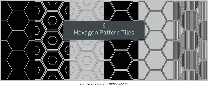 6 styles of vector seamless hexagon pattern tiles design suitable with sci-fi or cyberpunk technology objects.