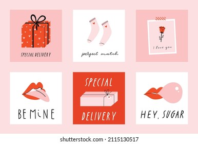 6 Stylish square template for Valentine's day greeting card, poster illustration collection in pink and red colors. Fun and cool design concept. Hand drawn doodle cartoon style.