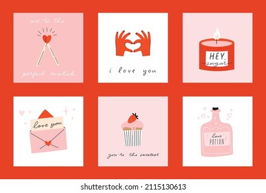 6 Stylish square template for Valentine's day greeting card, poster illustration collection in pink and red colors. Fun and cool design concept. Hand drawn doodle cartoon style.