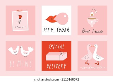 6 Stylish square template for Valentine's day greeting card, poster illustration collection in pink and red colors. Fun and cool design concept. Hand drawn doodle cartoon style.