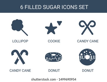 6 sugar icons. Trendy sugar icons white background. Included filled icons such as lollipop, cookie, candy cane, donut. sugar icon for web and mobile.