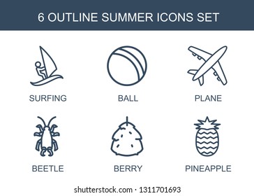 6 summer icons. Trendy summer icons white background. Included outline icons such as surfing, ball, plane, beetle, berry, pineapple. summer icon for web and mobile.