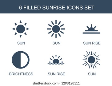 6 sunrise icons. Trendy sunrise icons white background. Included filled icons such as sun, sun rise, brightness. sunrise icon for web and mobile.