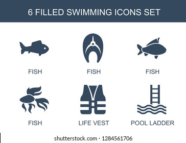 6 swimming icons. Trendy swimming icons white background. Included filled icons such as fish, life vest, pool ladder. swimming icon for web and mobile.