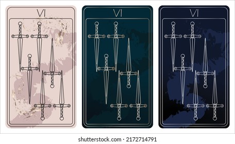 6 of Swords. A card of Minor arcana one line drawing tarot cards. Tarot deck. Vector linear hand drawn illustration with occult, mystical and esoteric symbols. 3 colors. Proposional to 2,75x4,75 in.